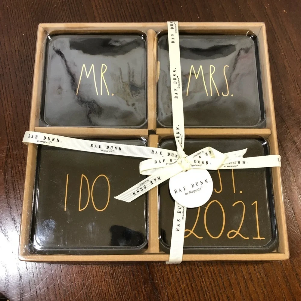 RAE DUNN Set of 4 Black Gold Lettered Coasters - 